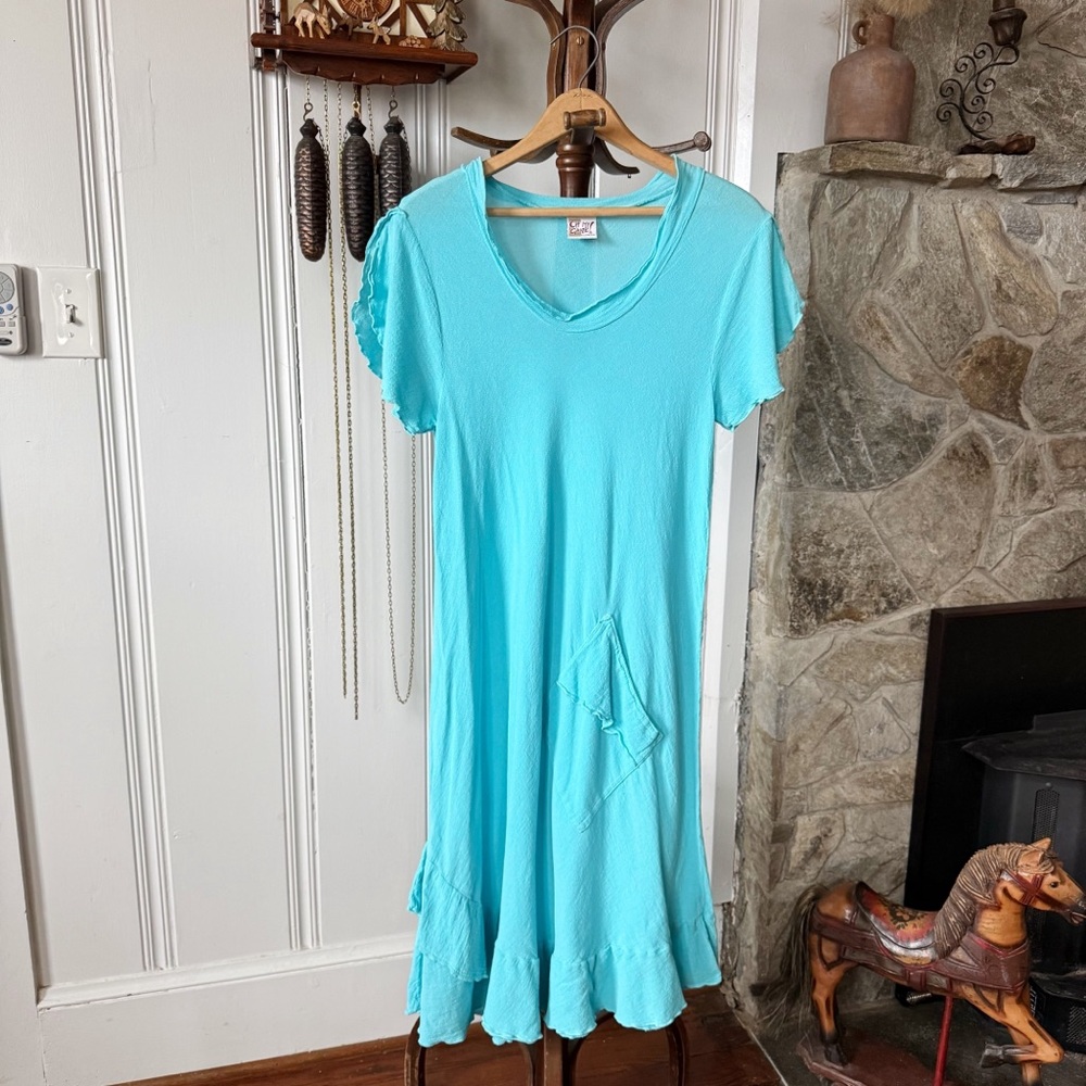 Vintage Gauze Cotton Sky Blue Short Sleeve Midi Summer Dress Women’s Medium